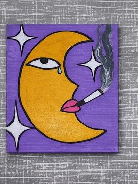 Original Moon Face Acrylic Painting on Canvas - Yellow & Purple